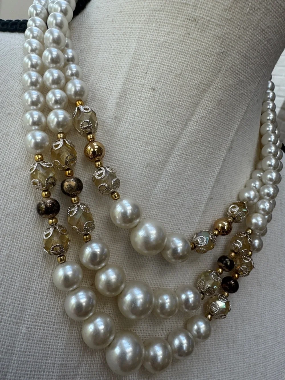 Elegant Multi-Strand Pearl and Crystal Necklace - Cream & Gold | Made In Japan